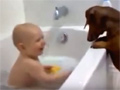 Funny Baby Playing With Dog While Bathing video